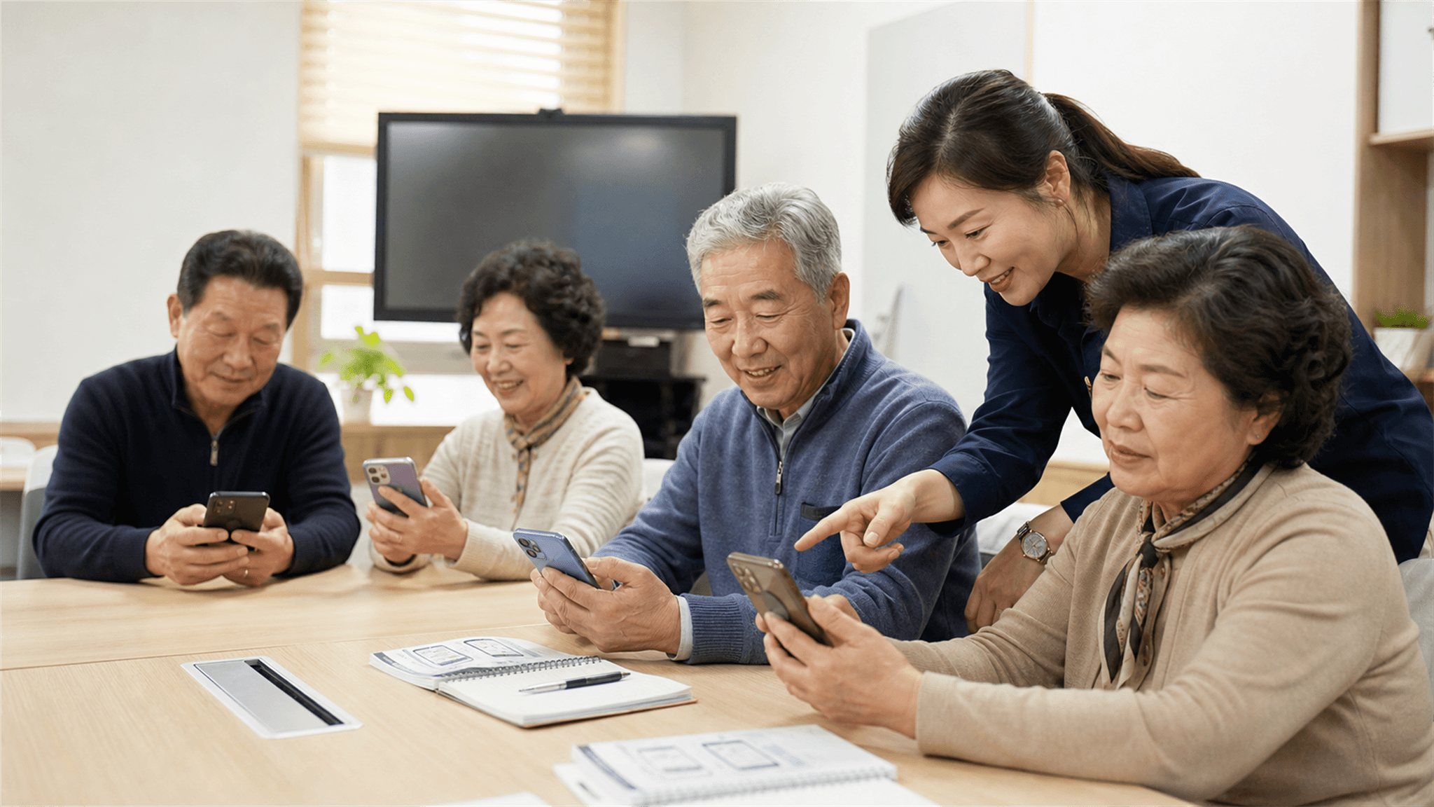 AI로 제작한 어르신 스마트폰 교육환경 예시 이미지